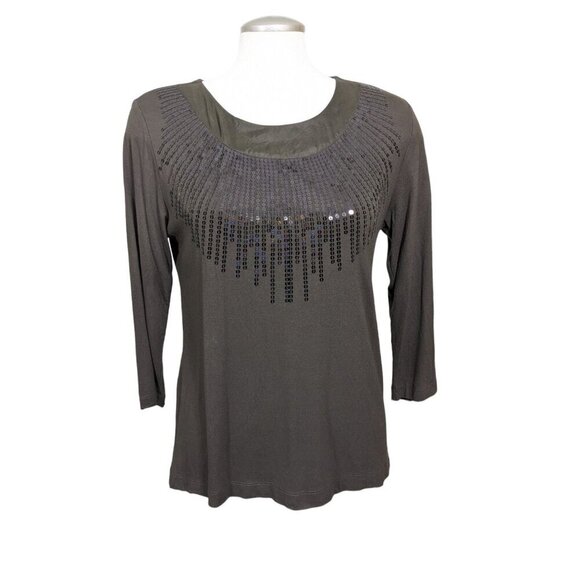 Chicos Size 1 US S 8 Womens Brown Sequin Front T Shirt Long Sleeve Stretch - Picture 1 of 6